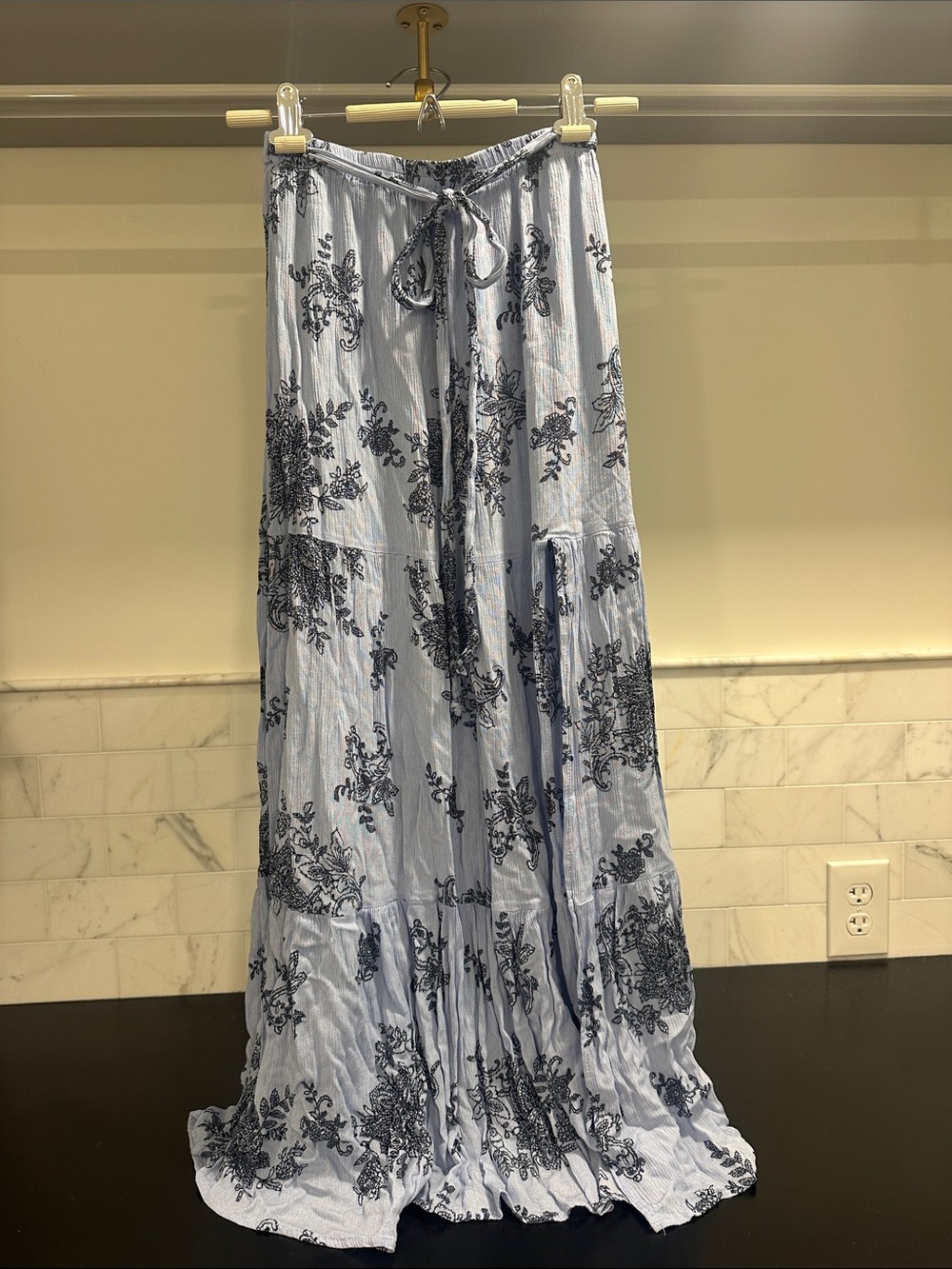 Francesca's Collections Light Blue Maxi Skirt with Navy Floral Print